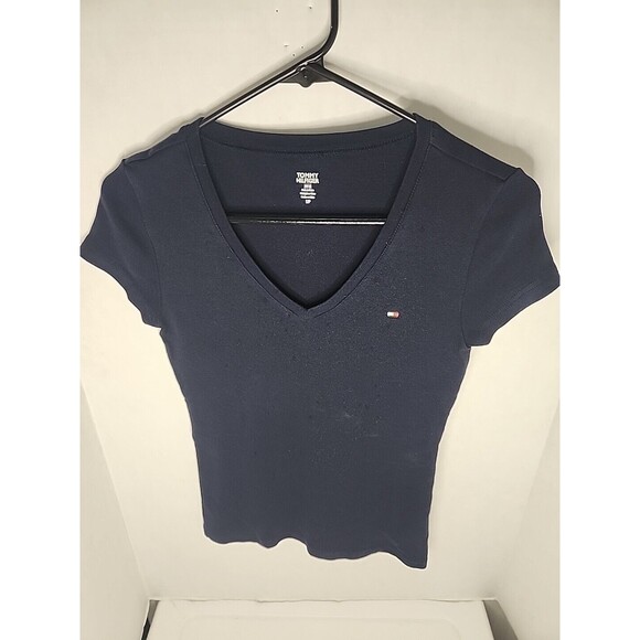 Tommy Hilfiger Shirt Womens Size Small Blue Short Sleeve Tee Casual V Neck Logo - Picture 2 of 9